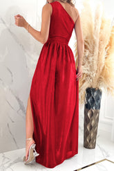 One Shoulder Slit Ruched Maxi Dress OutfitFlow